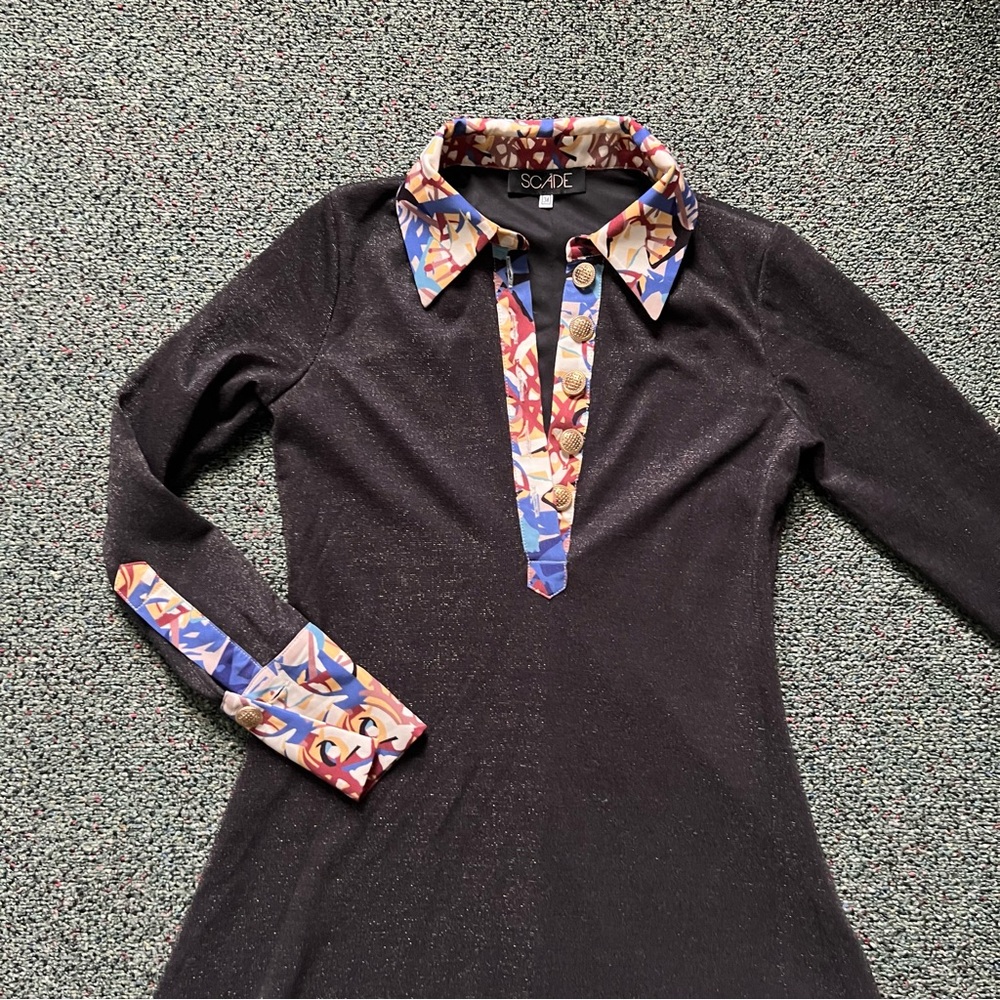 Modest Black Glitter & Vintage Floral Antique Gold Button Fit & Flare Dress Sz S - Picture 6 of 16